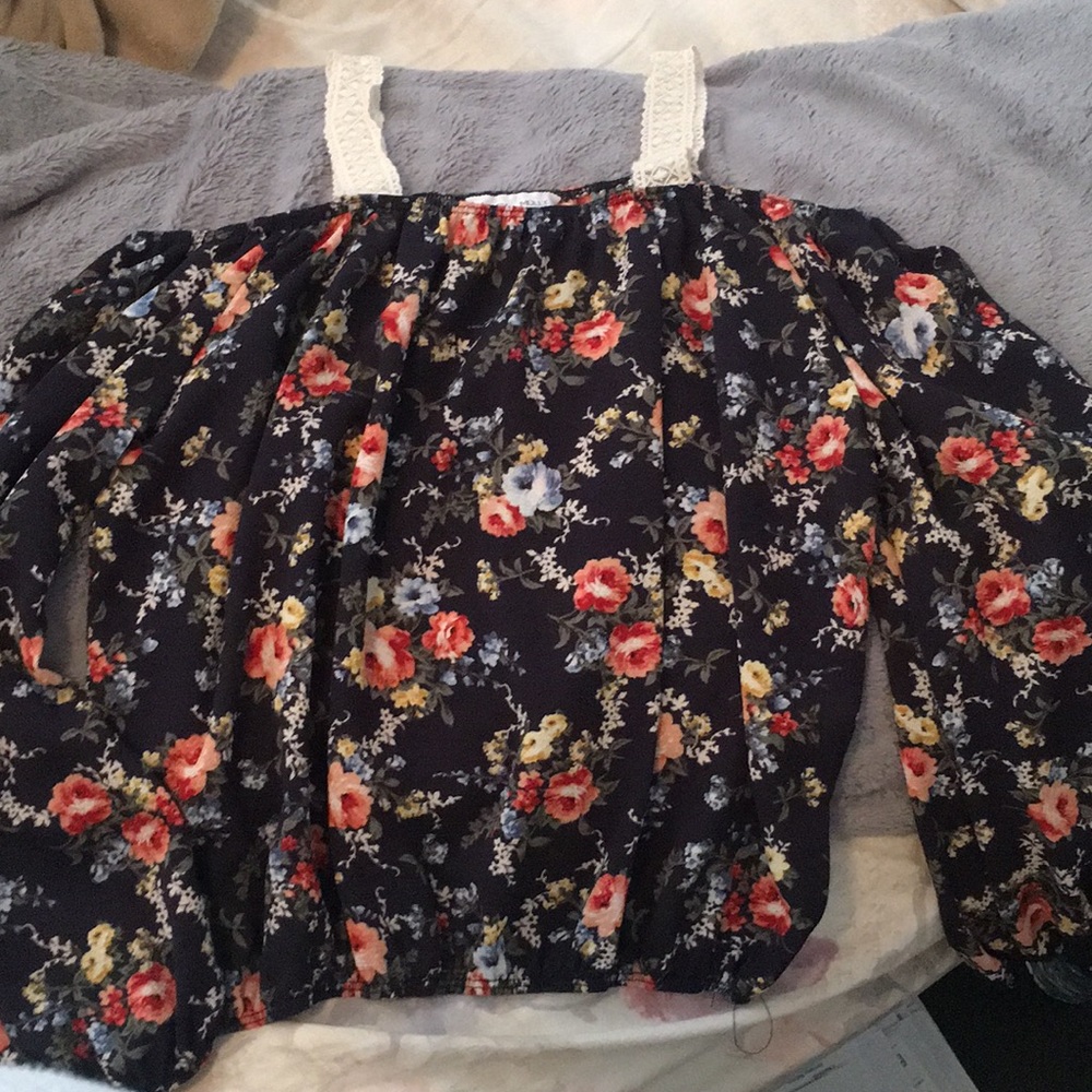 Over the shoulder dark blue blouse